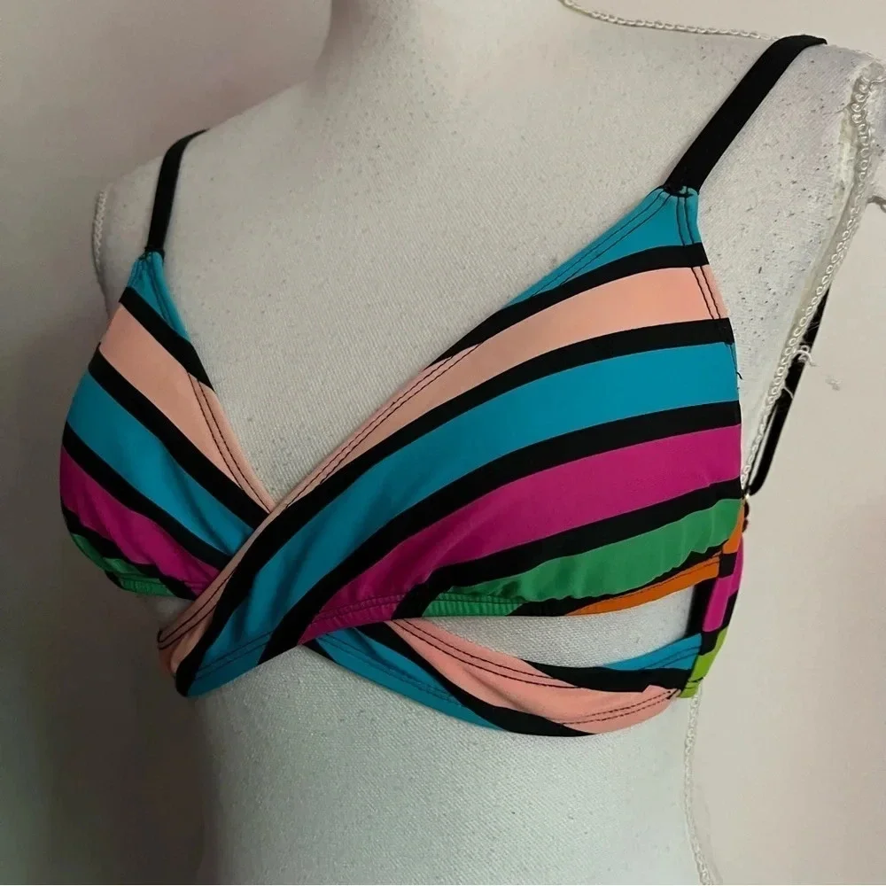 L’Amour by Nanette Lepore • Blue Pink Green Striped Twist Bikini Top